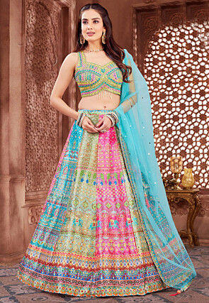 Digital Printed Art Silk Lehenga in Multicolor