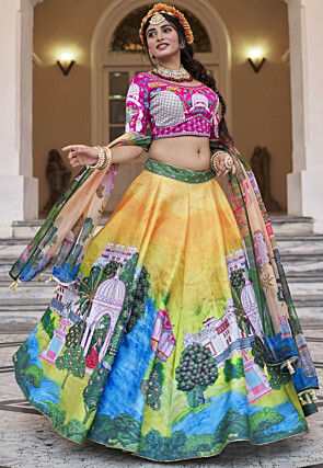 Digital Printed Art Silk Lehenga in Multicolor