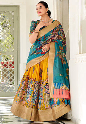 Digital Printed Art Silk Lehenga in Mustard