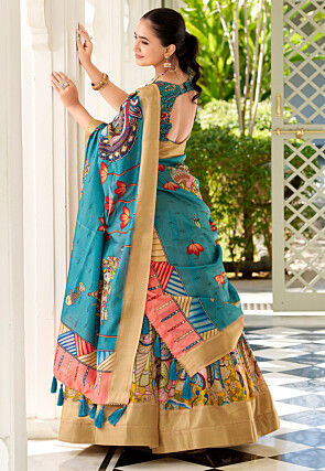 Digital Printed Art Silk Lehenga in Mustard