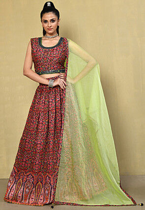 Digital Printed Art Silk Lehenga in Navy Blue and Red