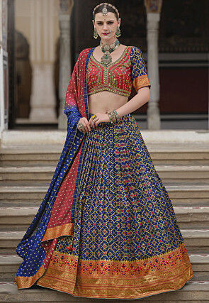 Digital Printed Art Silk Lehenga in Navy Blue