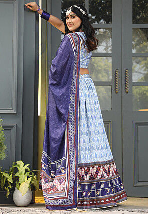 Digital Printed Satin Lehenga in Off White and Blue