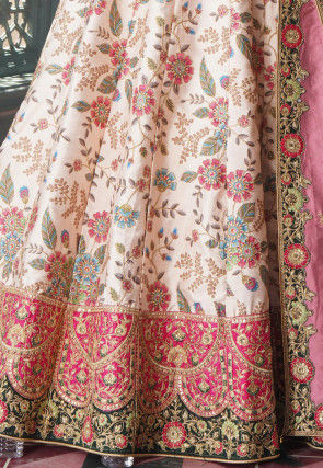 Digital Printed Art Silk Lehenga in Off White