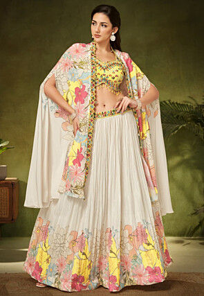 Digital Printed Art Silk Lehenga in Off White