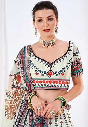 Digital Printed Art Silk Lehenga in Off White