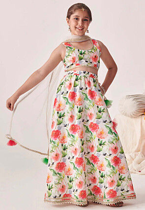 Digital Printed Art Silk Lehenga in Off White