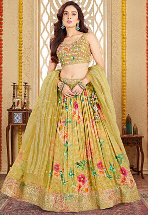Digital Printed Art Silk Lehenga in Olive Green