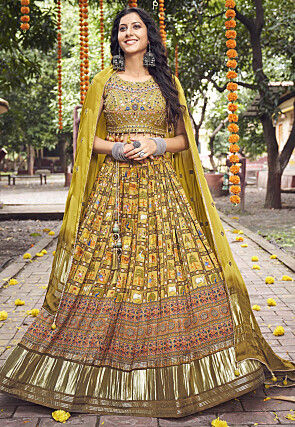 Digital Printed Art Silk Lehenga in Olive Green