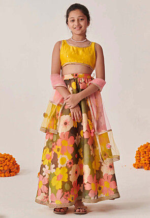 Digital Printed Art Silk Lehenga in Olive Green