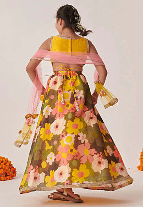 Digital Printed Art Silk Lehenga in Olive Green