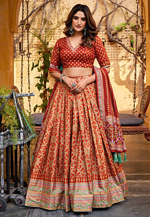 Digital Printed Art Silk Lehenga in Orange