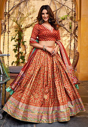 Digital Printed Art Silk Lehenga in Orange
