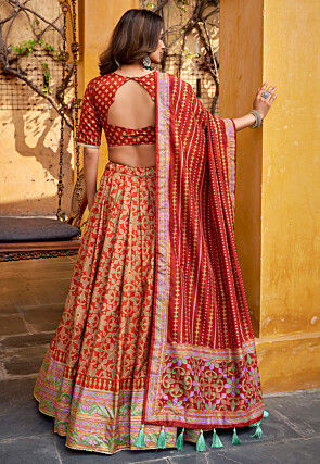 Digital Printed Art Silk Lehenga in Orange