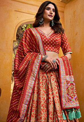 Digital Printed Art Silk Lehenga in Orange