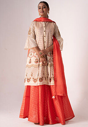 Digital Printed Art Silk Lehenga in Orange