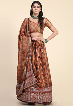 Digital Printed Art Silk Lehenga in Orange