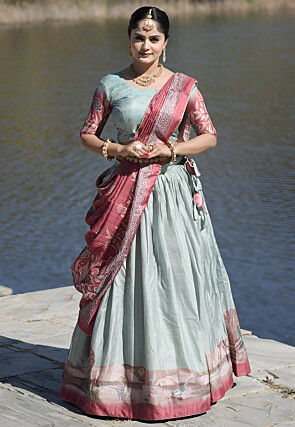Digital Printed Art Silk Lehenga in Pastel Green