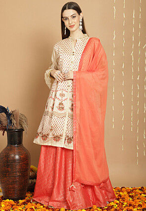 Digital Printed Art Silk Lehenga in Peach