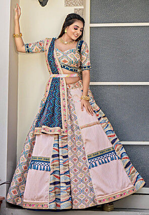 Digital Printed Art Silk Lehenga in Peach