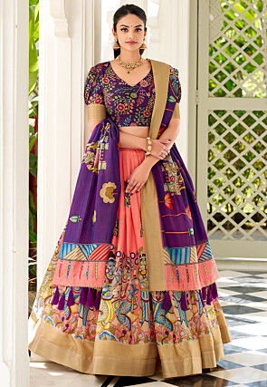 Digital Printed Art Silk Lehenga in Pink