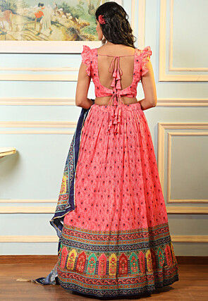 Digital Printed Satin Lehenga in Pink