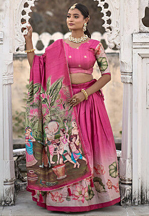 Digital Printed Art Silk Lehenga in Pink