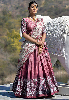 Digital Printed Art Silk Lehenga in Pink