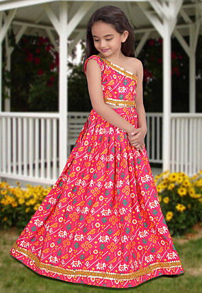 Digital Printed Art Silk Lehenga in Pink