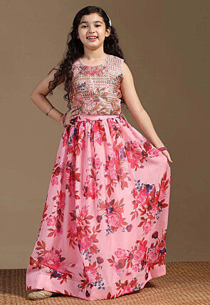 Digital Printed Art Silk Lehenga in Pink