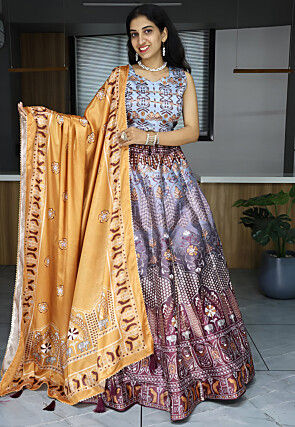 Digital Printed Art Silk Lehenga in Purple
