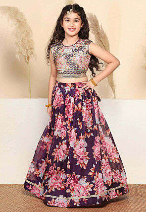 Digital Printed Art Silk Lehenga in Purple