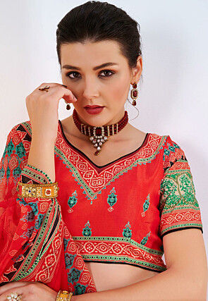 Digital Printed Art Silk Lehenga in Red