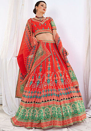 Digital Printed Art Silk Lehenga in Red
