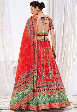 Digital Printed Art Silk Lehenga in Red