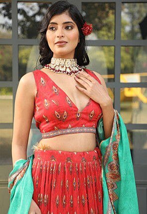 Digital Printed Satin Lehenga in Red