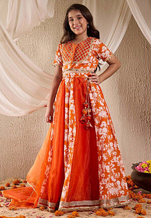 Digital Printed Art Silk Lehenga in Rust