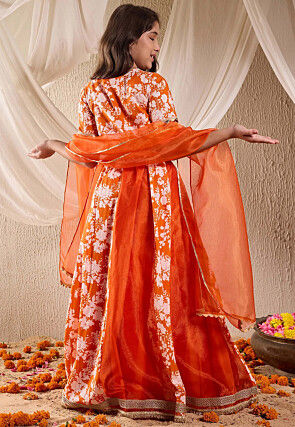 Digital Printed Art Silk Lehenga in Rust