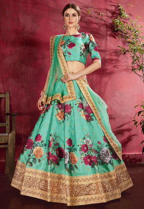 Digital Printed Art Silk Lehenga in Teal Green