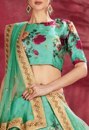 Digital Printed Art Silk Lehenga in Teal Green