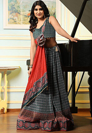 Digital Printed Art Silk Lehenga in Teal Green