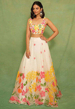 Digital Printed Art Silk Lehenga in White