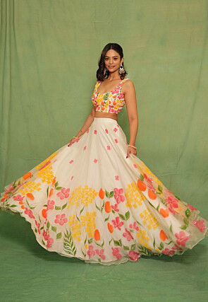 Digital Printed Art Silk Lehenga in White