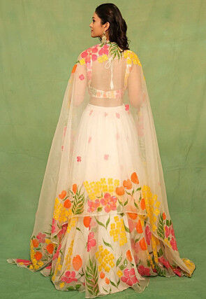 Digital Printed Art Silk Lehenga in White