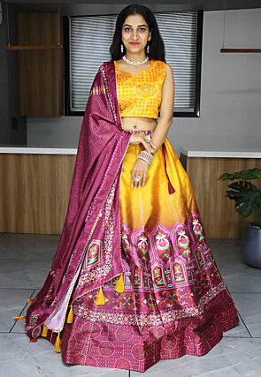 Digital Printed Art Silk Lehenga in Shaded Yellow and Magenta 