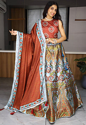 Digital Printed Art Silk Lehenga in Shaded Yellow and Off White 
