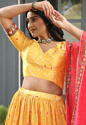 Digital Printed Satin Lehenga in Yellow