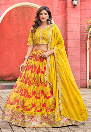 Digital Printed Art Silk Lehenga in Yellow