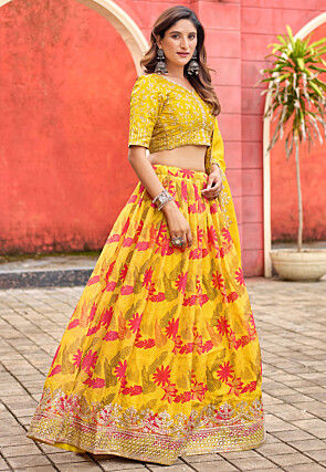 Digital Printed Art Silk Lehenga in Yellow