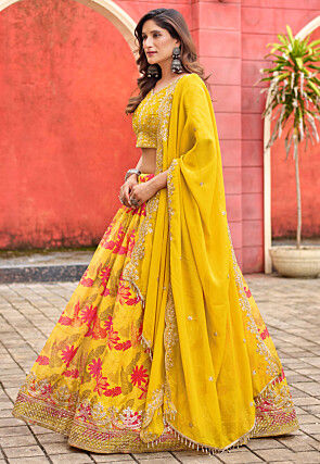 Digital Printed Art Silk Lehenga in Yellow